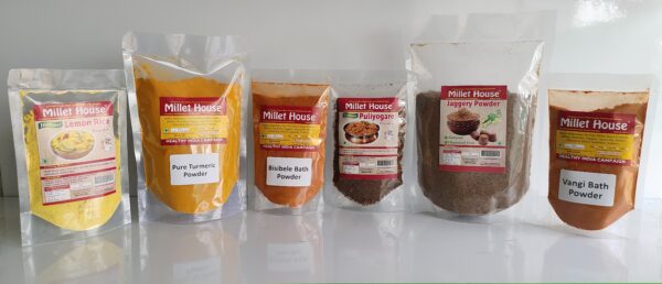 Combo 1 - Unique 6 Products - Bisibele Bath powder 100grams | Puliyogare Powder 100grams | Lemon Rice Powder 100grams | Vangibath Powder 100grams | Turmeric Powder 100grams | Jaggery Powder 250grams